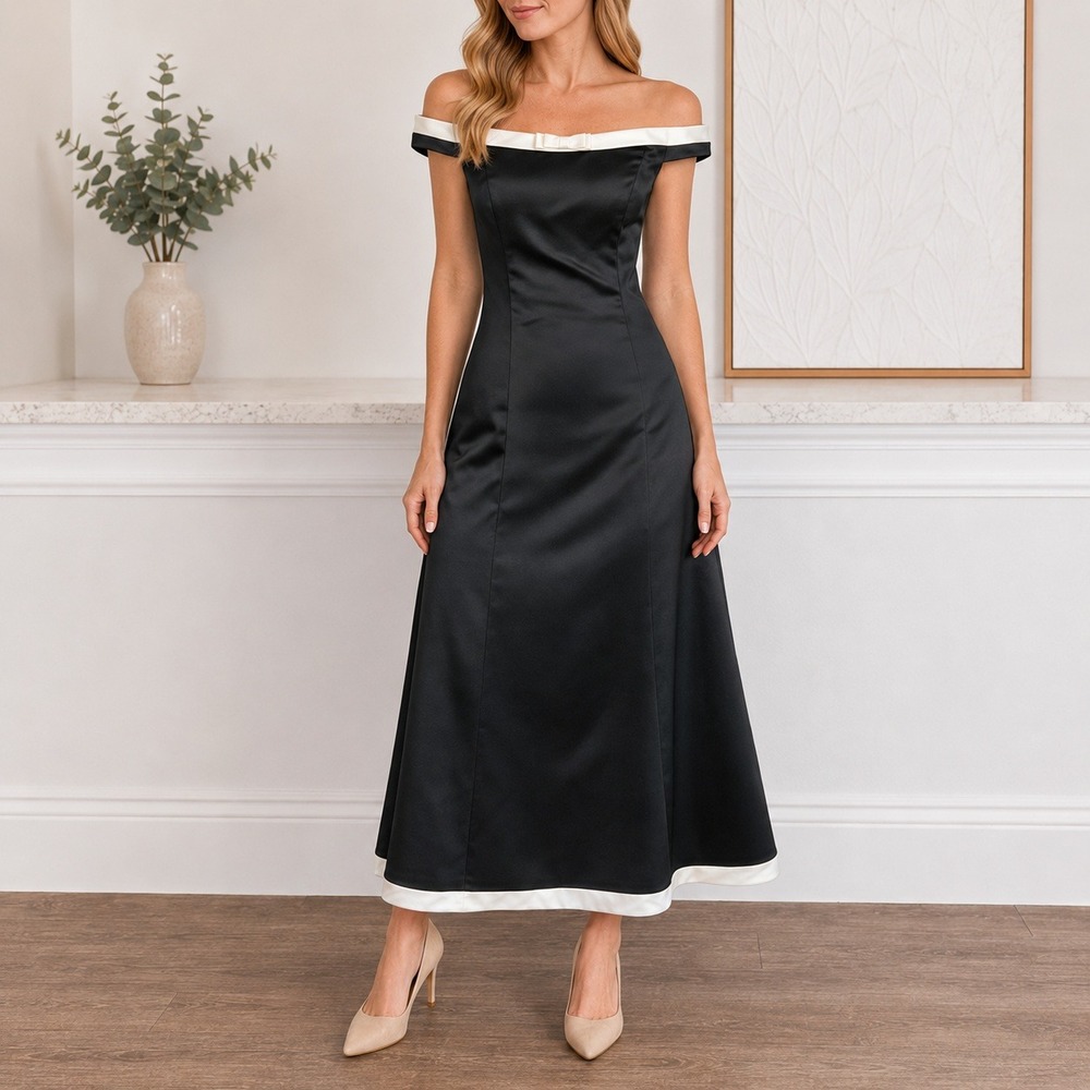 Jessica McClintock for Gunne Sax Dress Sz 5 Black Off Shoulder Vintage Midi Goth